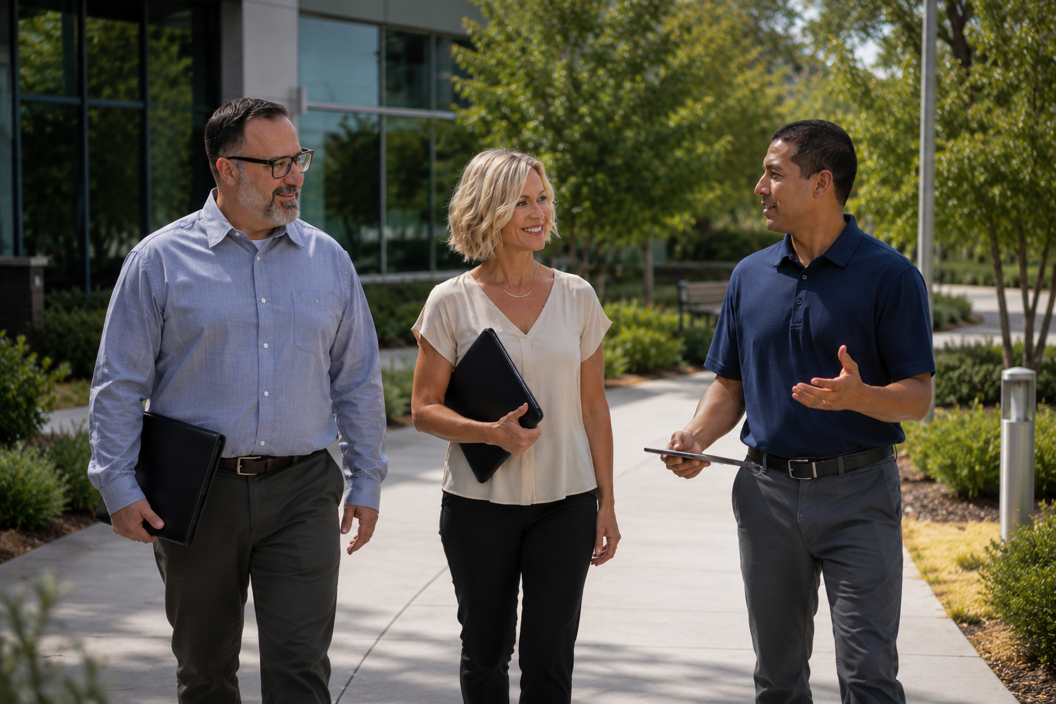 Capstone Security Solutions consultants walking with a client